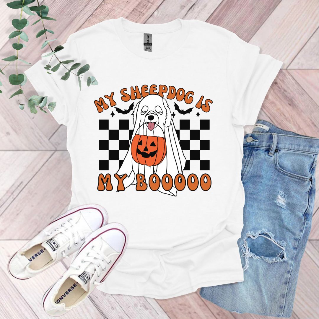a t - shirt with a dog on it that says my sheepdog is my