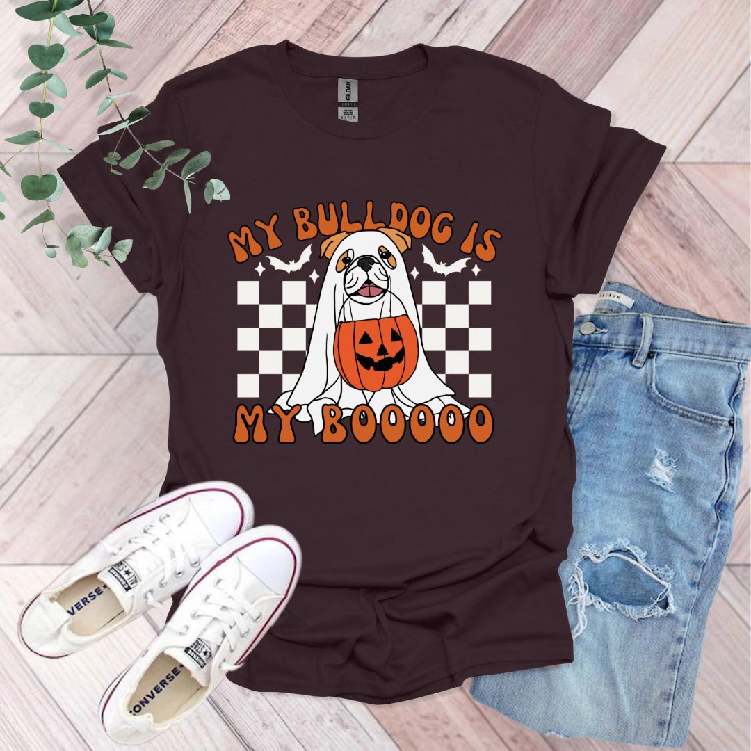 a t - shirt that says, my bulldog is my booooo