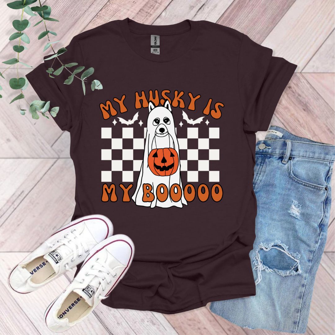 a t - shirt that says my husky is my booooo