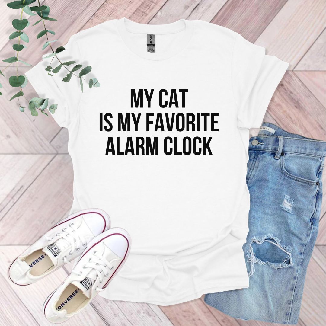 a t - shirt that says, my cat is my favorite alarm clock