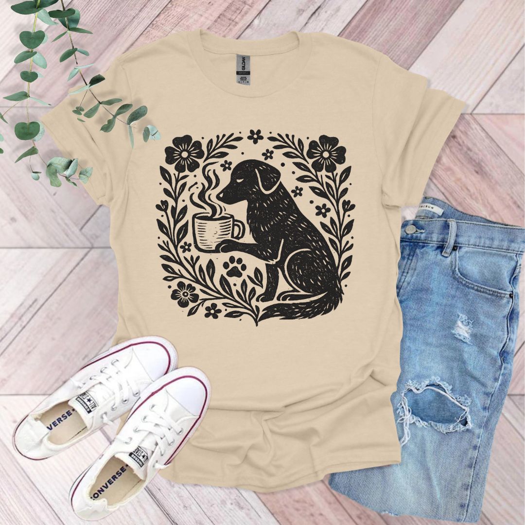Vintage Floral Dog and Coffee T-Shirt