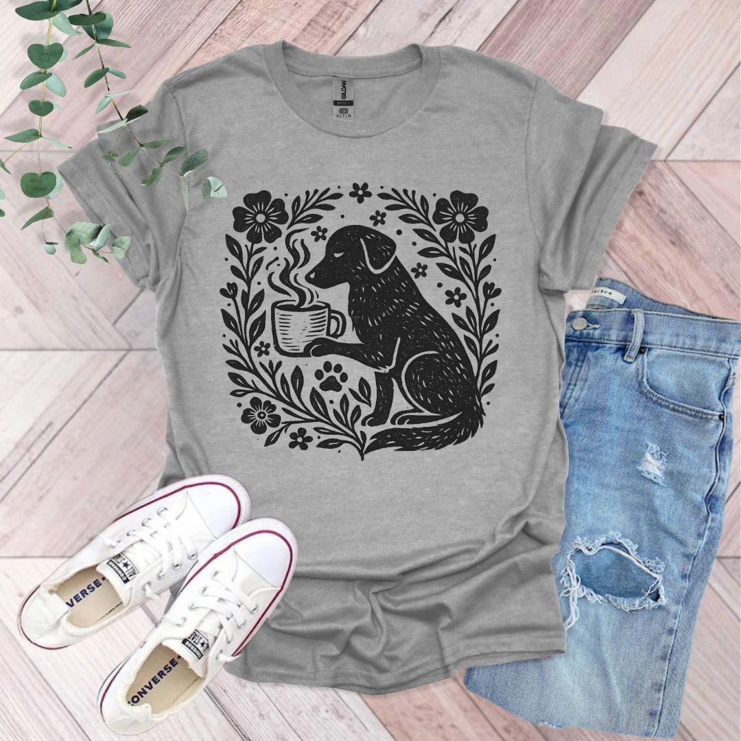 Vintage Floral Dog and Coffee T-Shirt