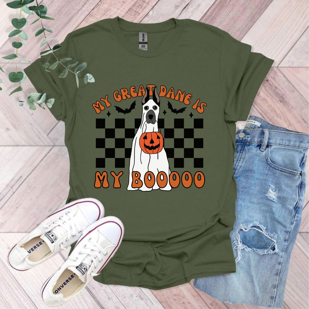 a t - shirt that says, my great dane is my boooo