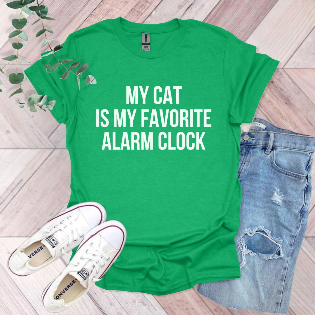 a green shirt that says, my cat is my favorite alarm clock