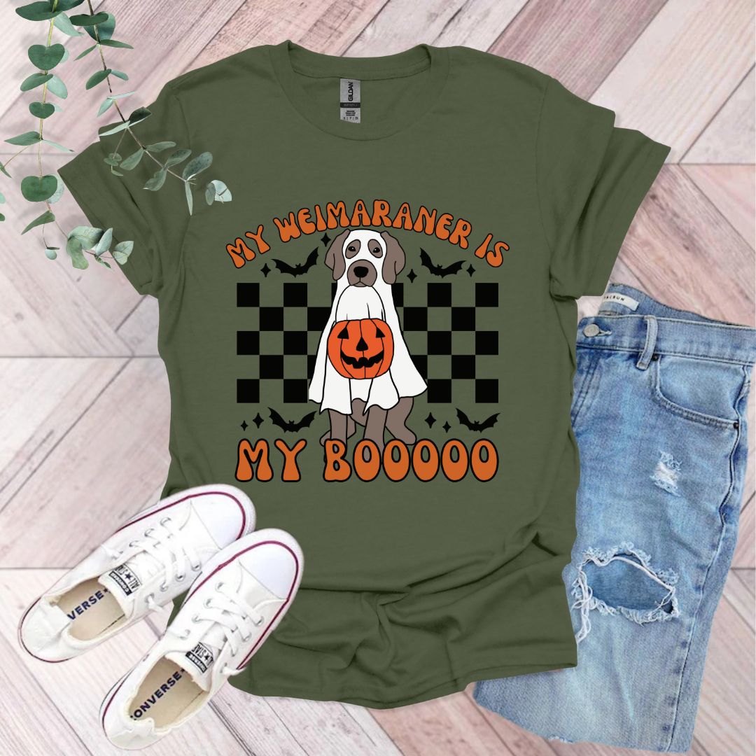 a shirt with a dog wearing a ghost costume