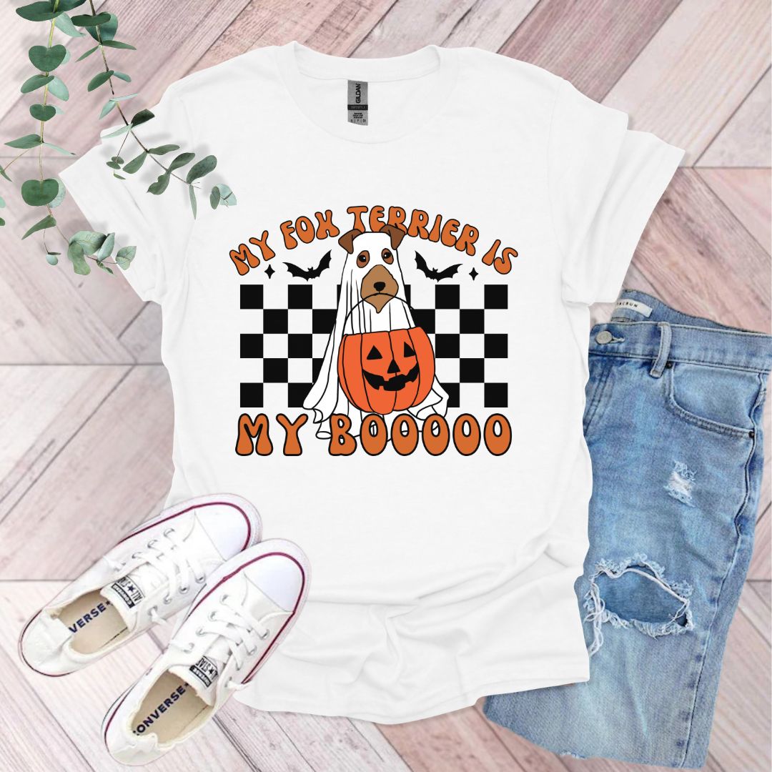 a white t - shirt with a pumpkin and a jack - o'- lantern
