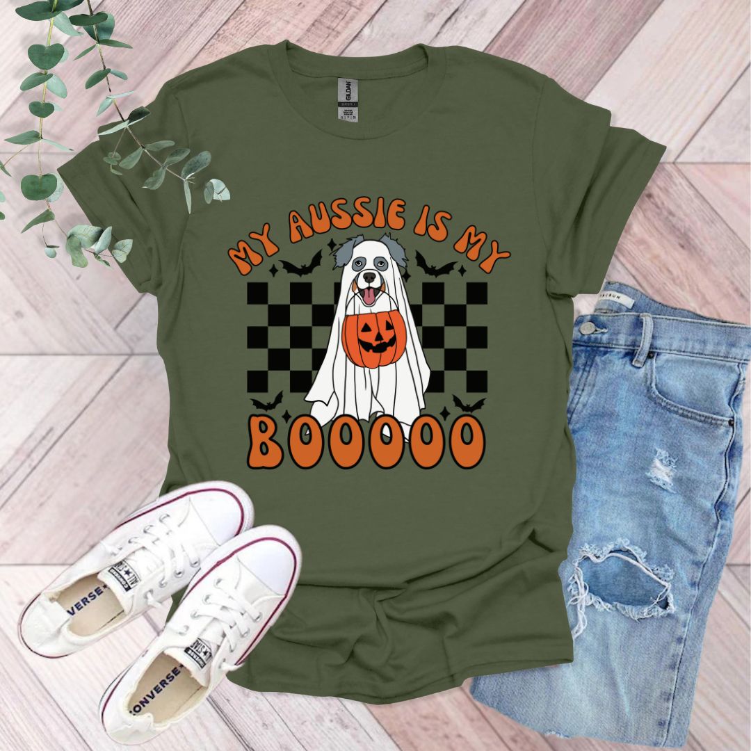 a shirt that says my aussie is my boooo