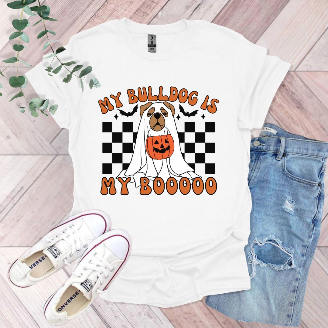 a t - shirt with a dog wearing a pumpkin on it