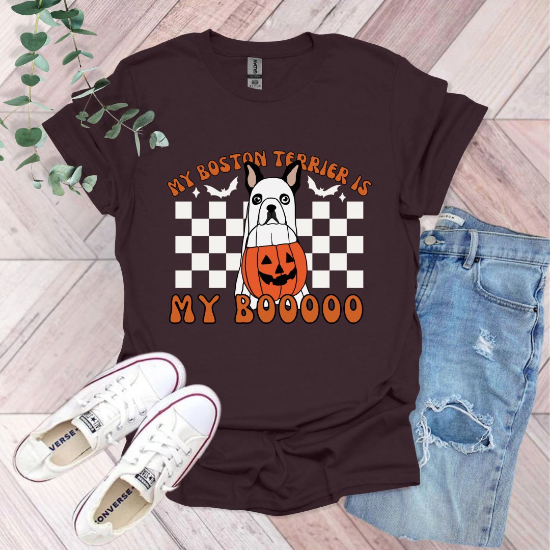 a t - shirt that says, my boston terrier is my booooo