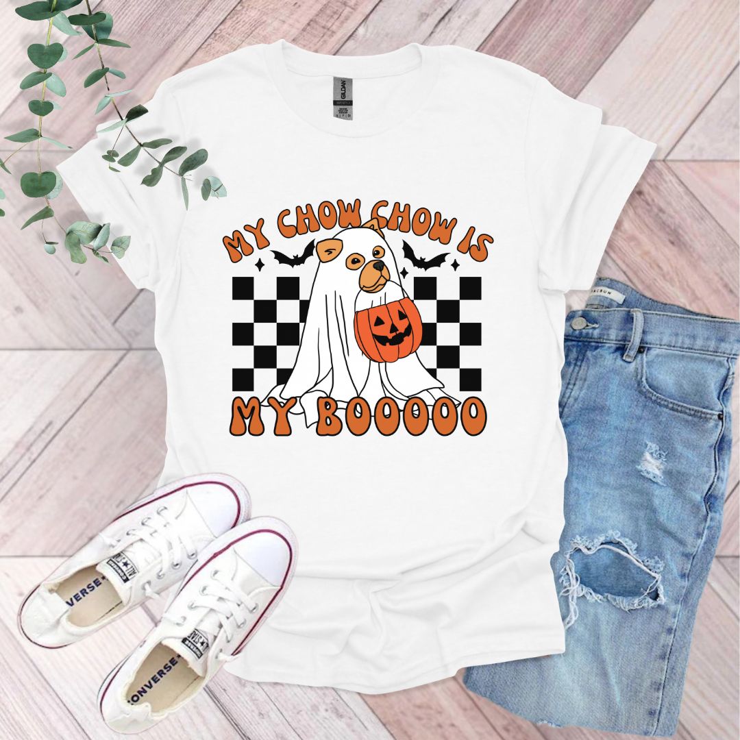 a t - shirt with a ghost and pumpkin on it