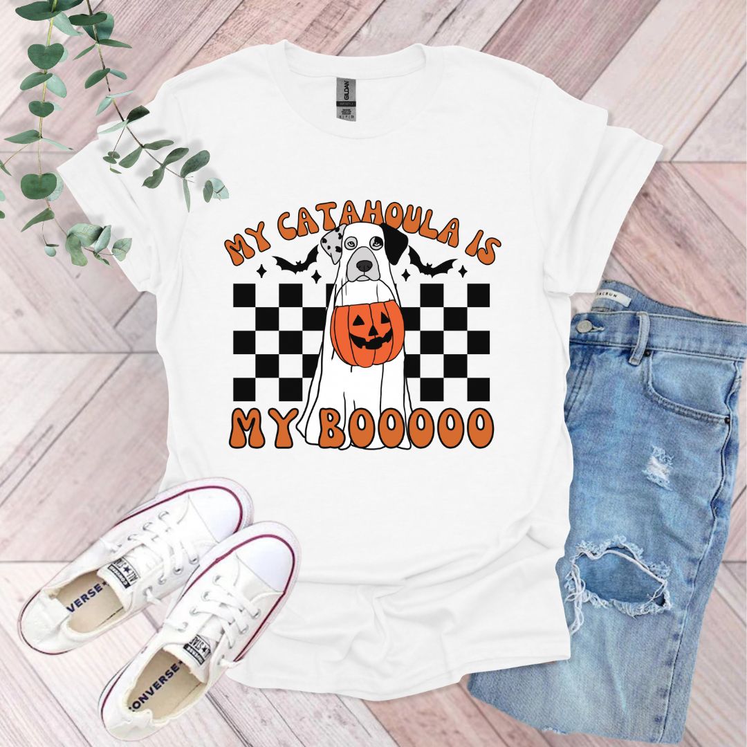 a t - shirt with a dog wearing a jack - o'- lantern pumpkin