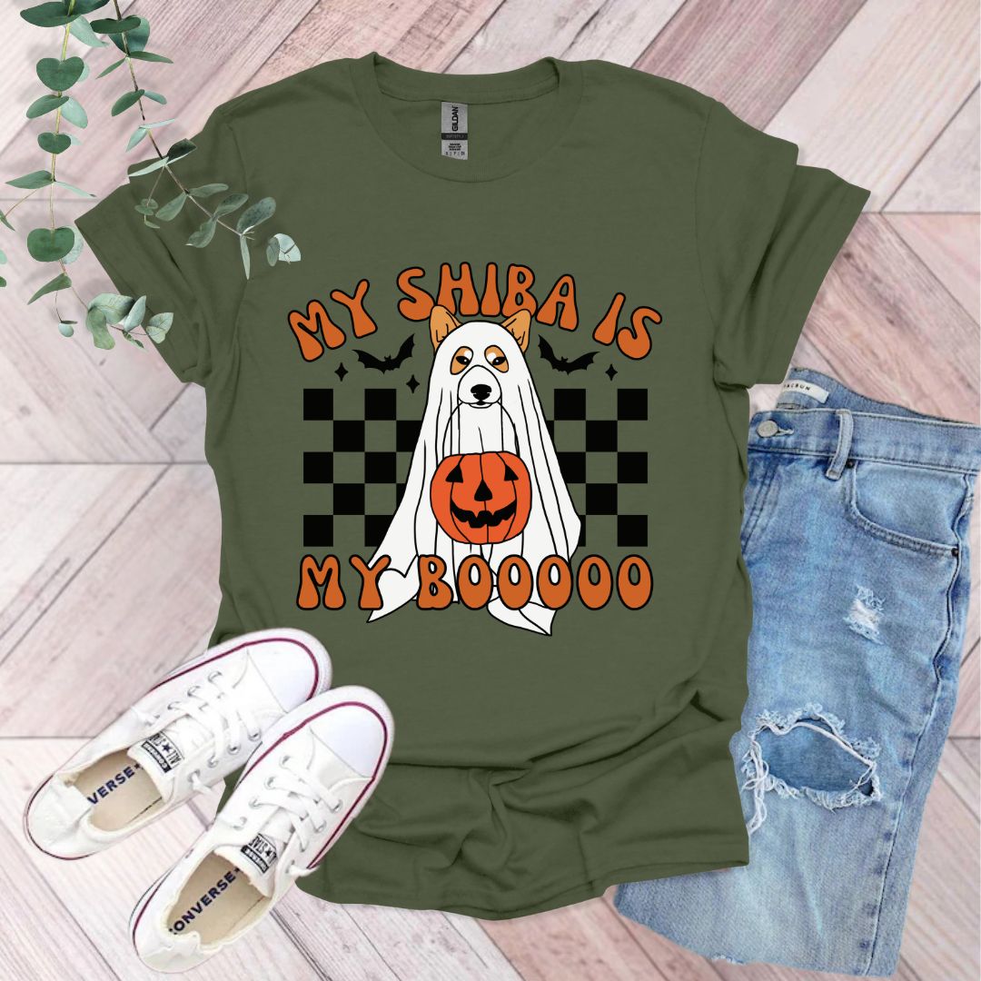 a t - shirt with a ghost and pumpkin on it