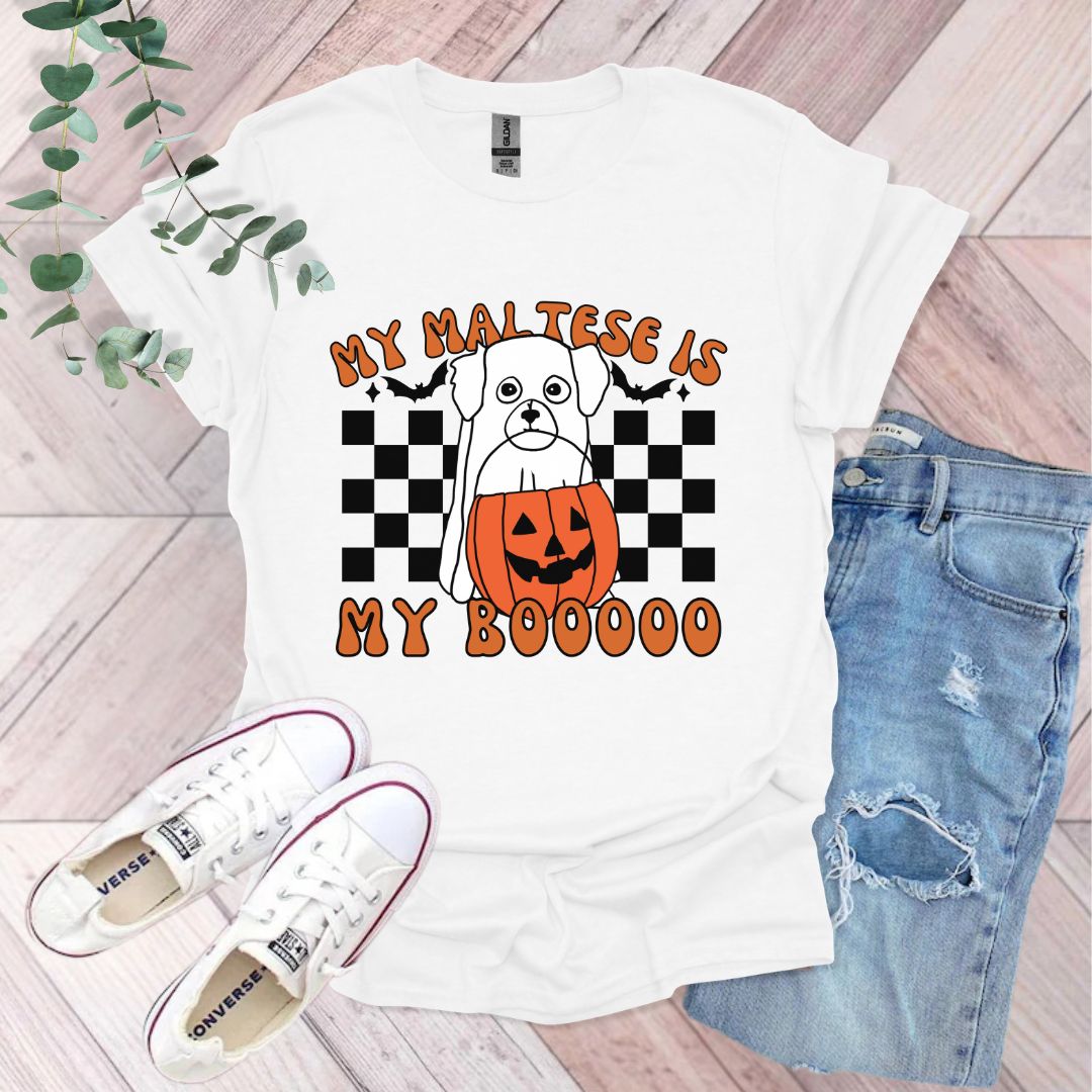a t - shirt with a dog wearing a jack - o'- lantern pumpkin