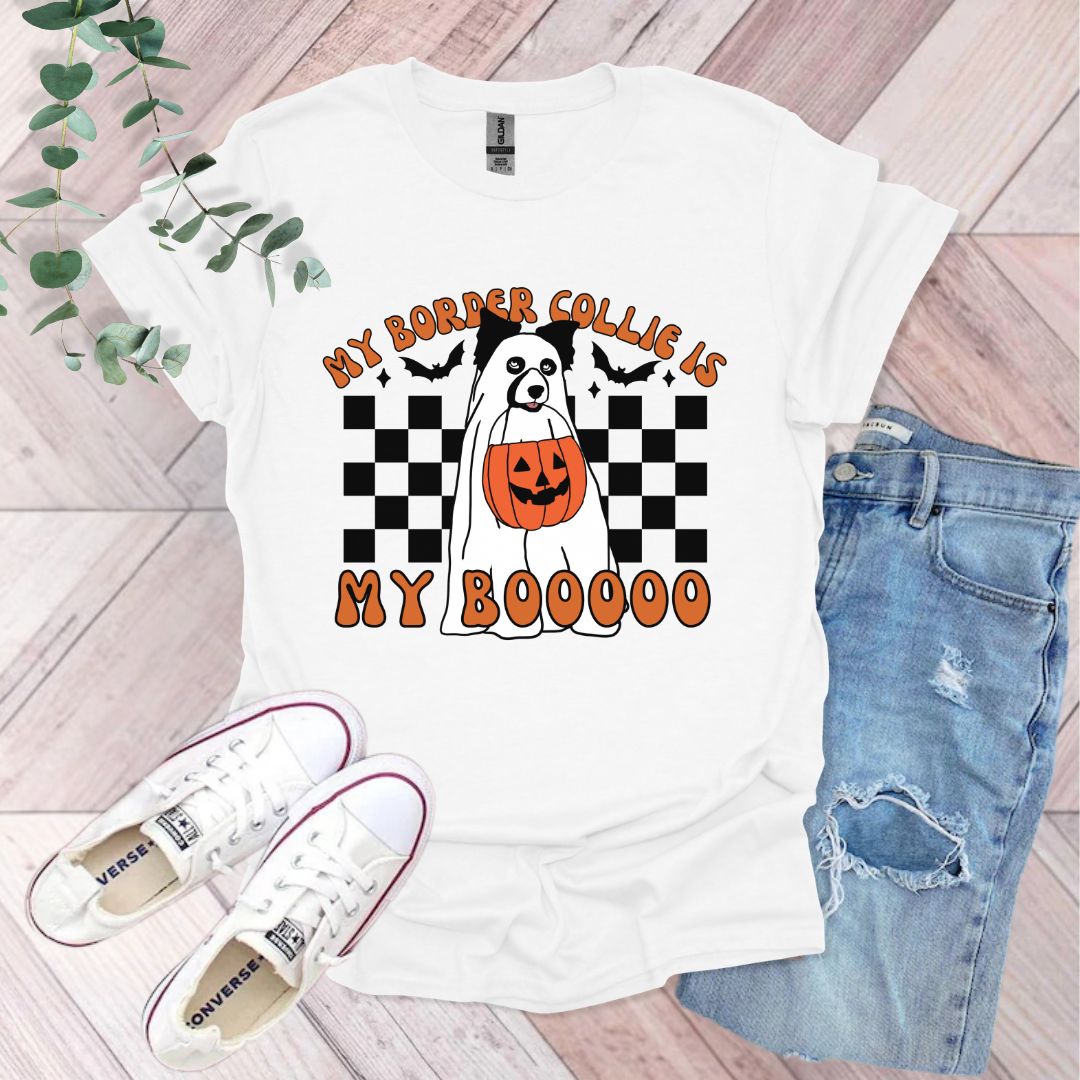 a white t - shirt with a halloween ghost on it