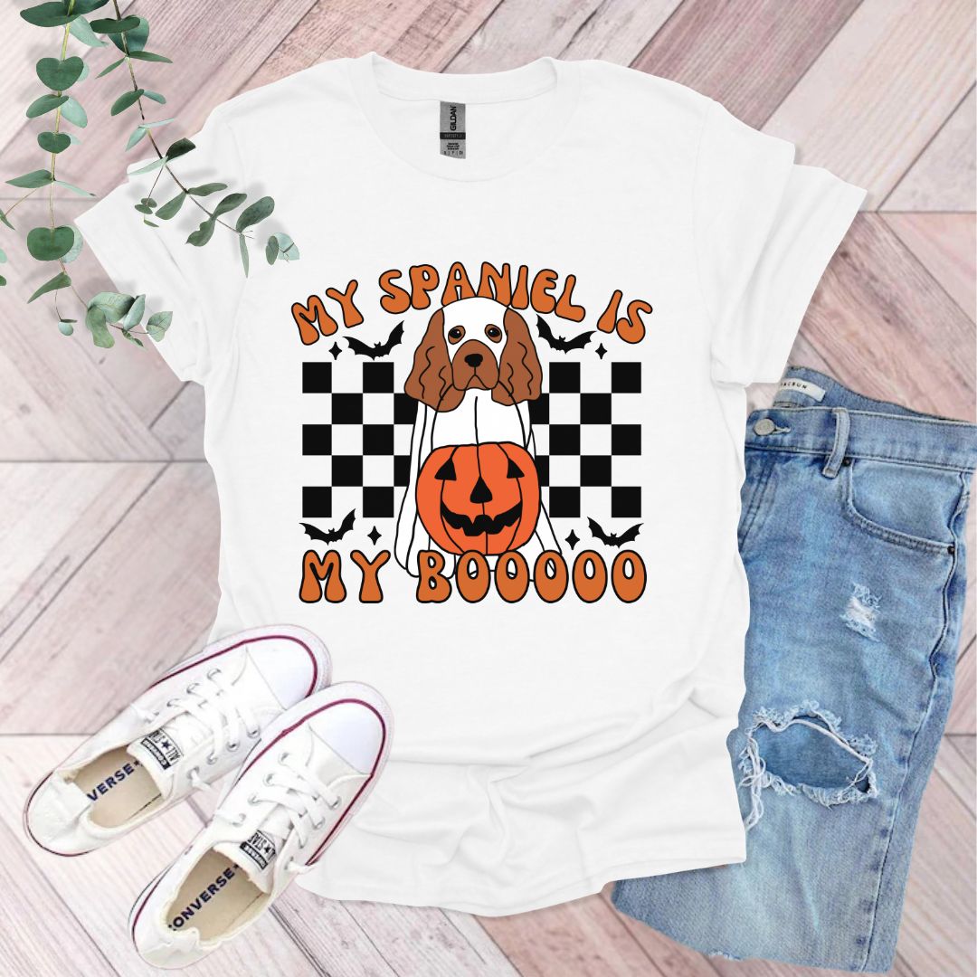 a t - shirt with a dog wearing a jack - o'- lantern pumpkin