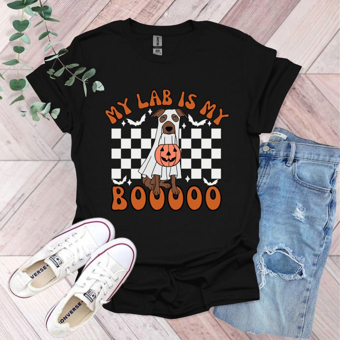 a black shirt that says my lab is my boooo