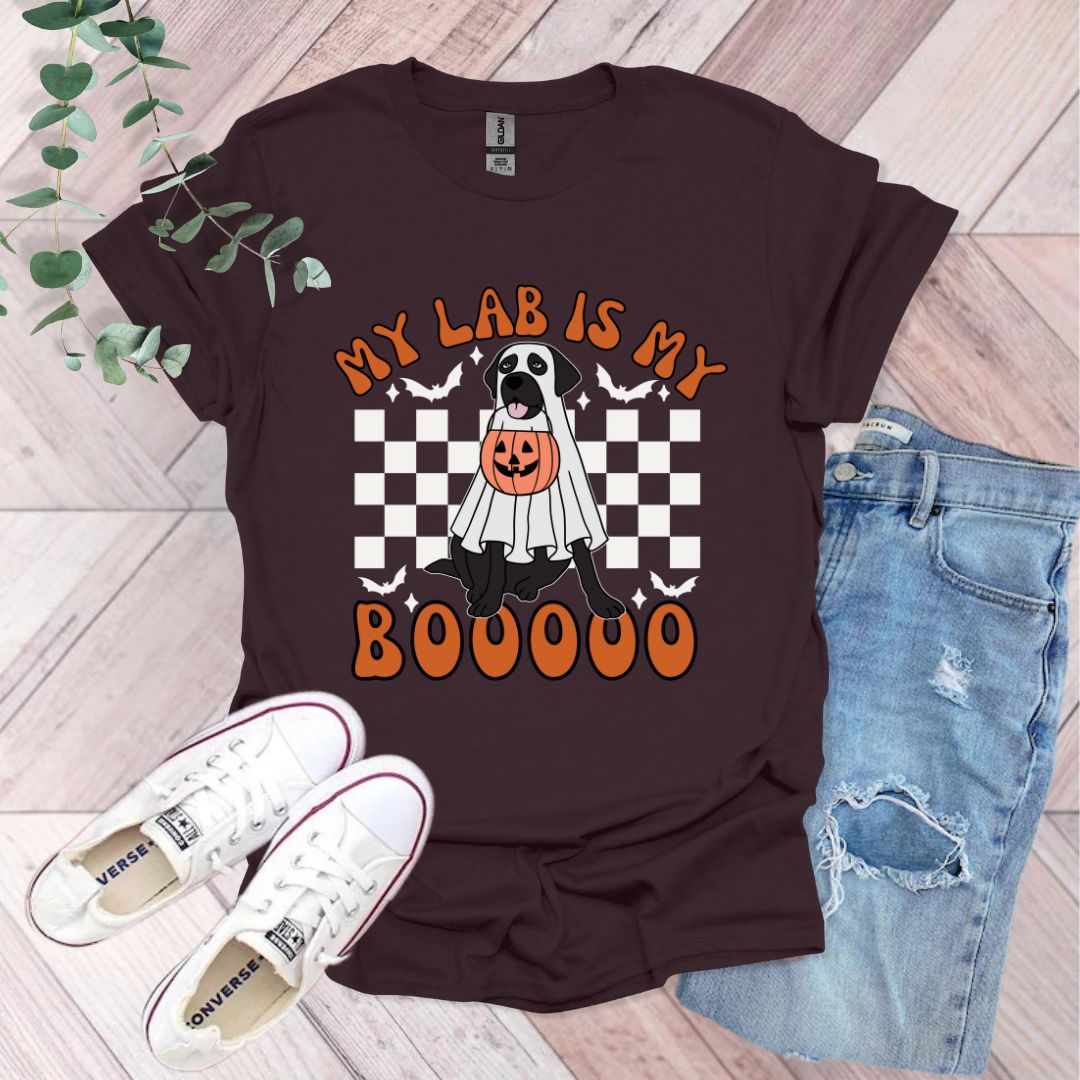 a t - shirt that says, my lab is my booooo
