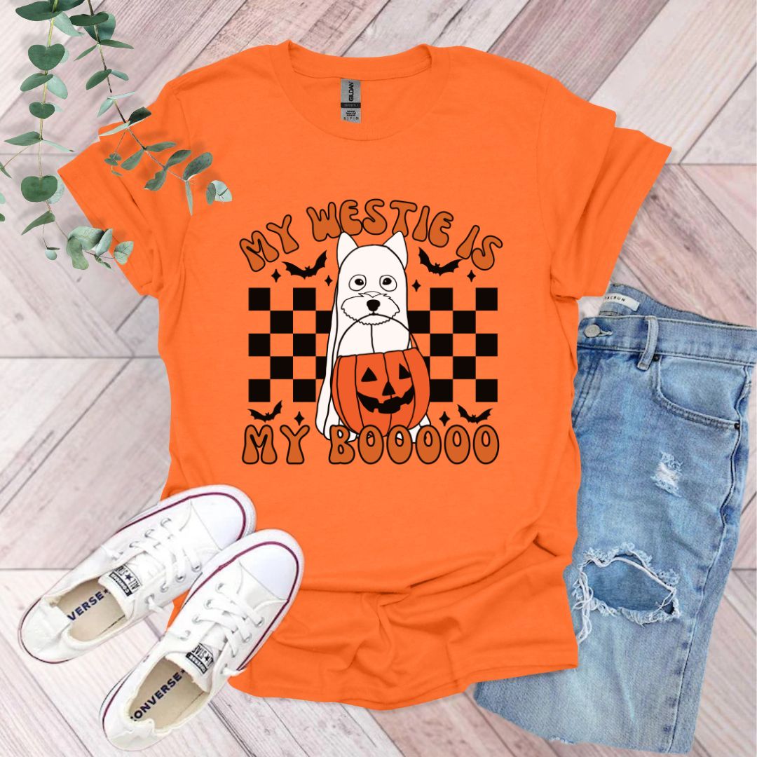 an orange shirt that says my westie is my booo
