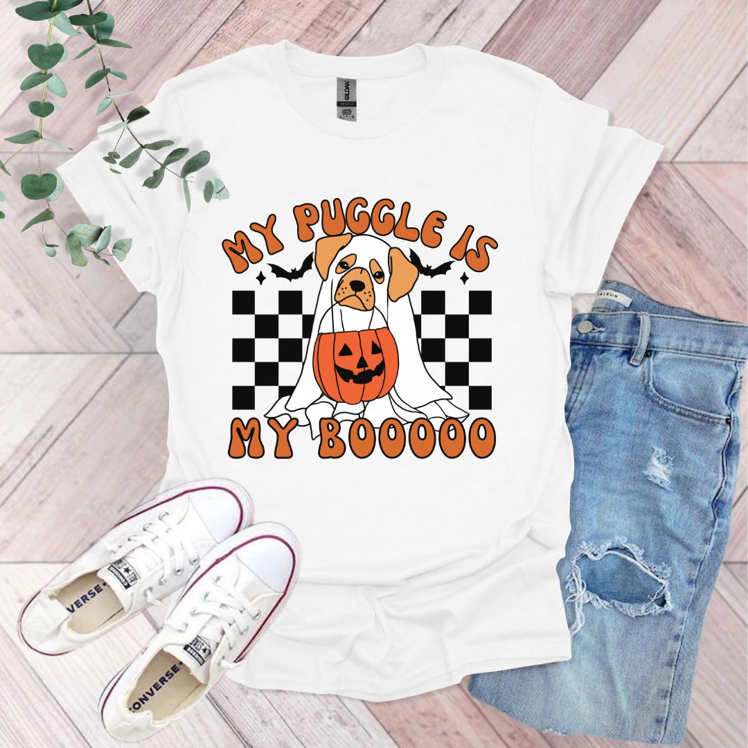 a t - shirt with a dog wearing a pumpkin on it