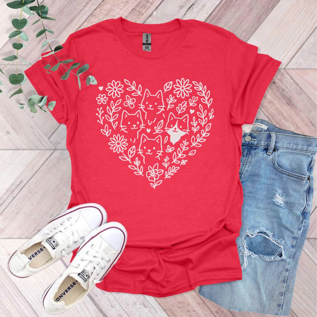 Floral Heart Cats T-Shirt