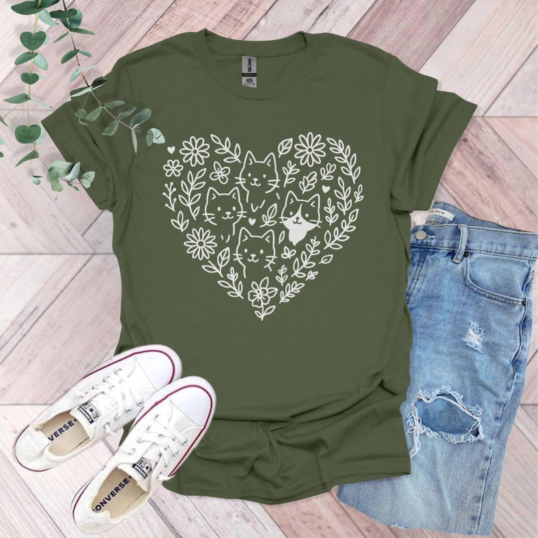 Floral Heart Cats T-Shirt