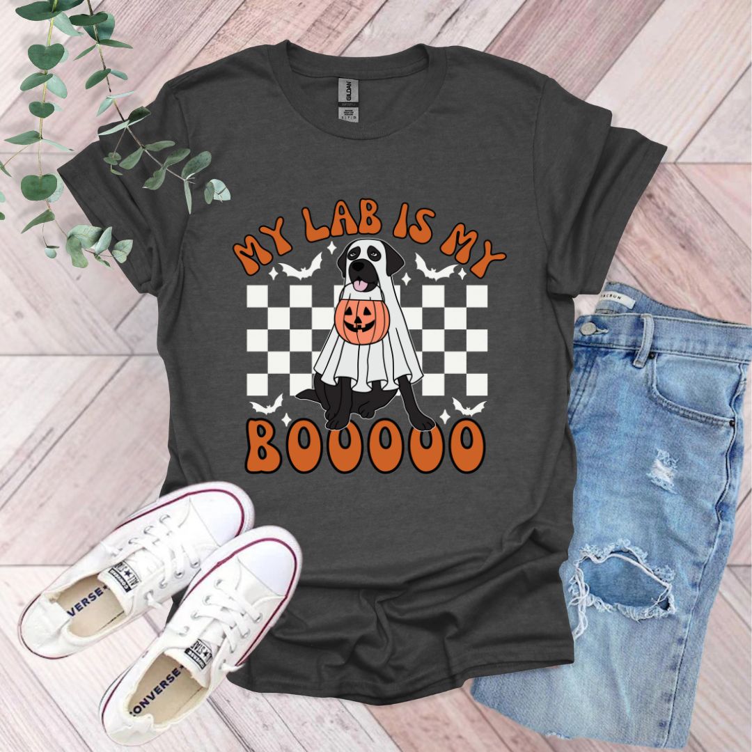 a t - shirt that says, my lab is my booooo