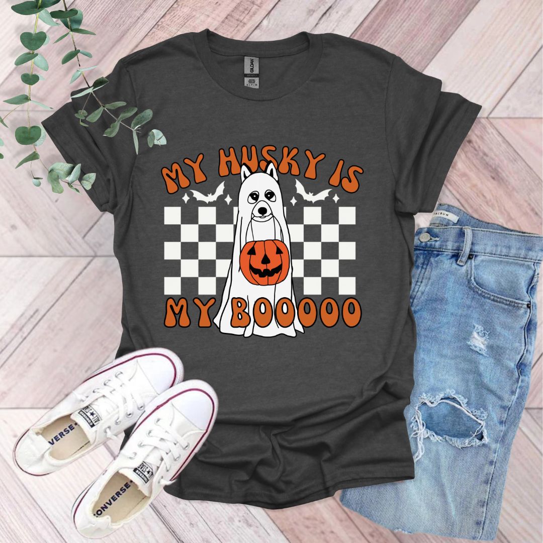 a t - shirt that says, my husky is my booooo