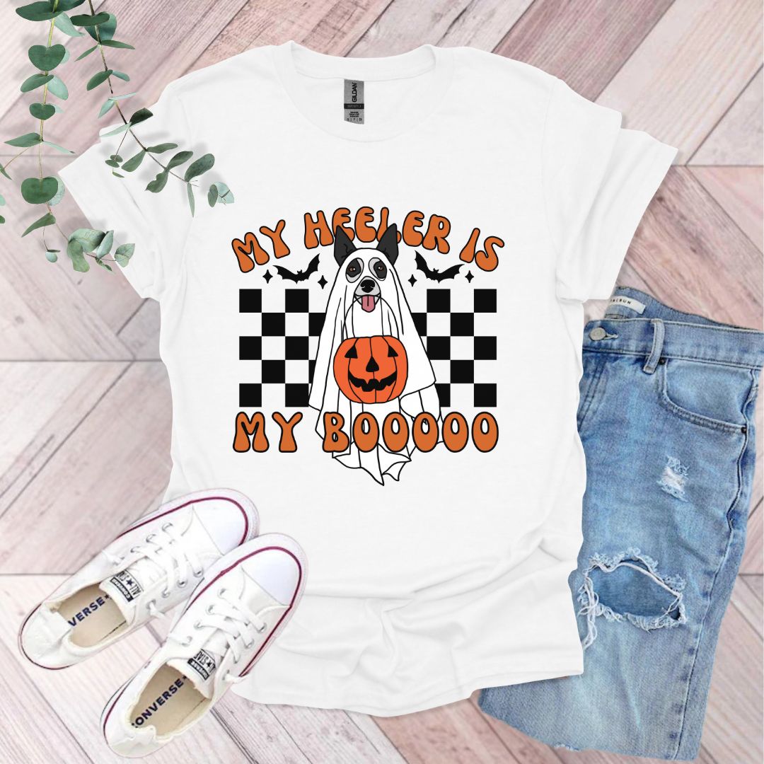 a t - shirt with a dog wearing a jack - o'- lantern costume