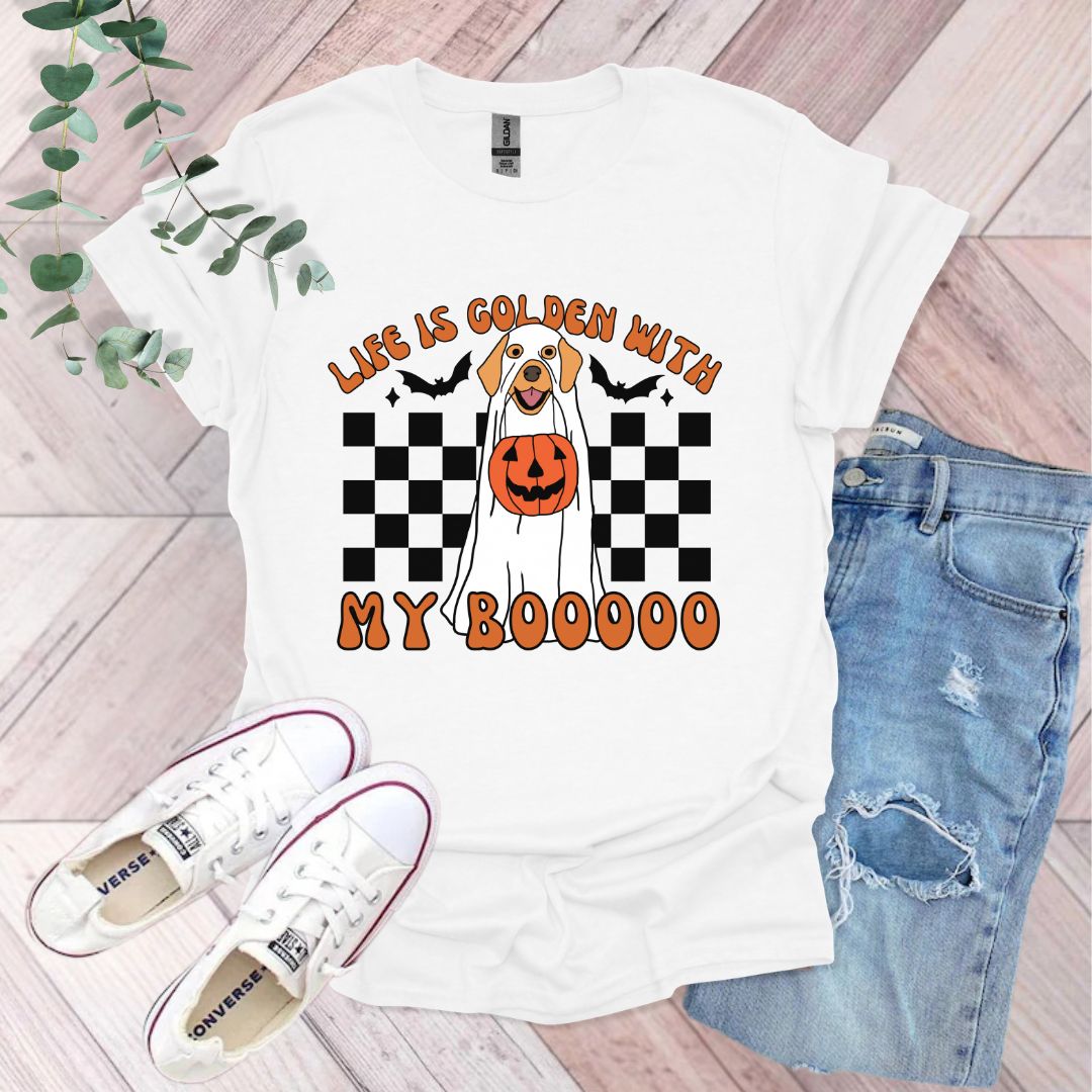 a t - shirt with a dog wearing a pumpkin on it