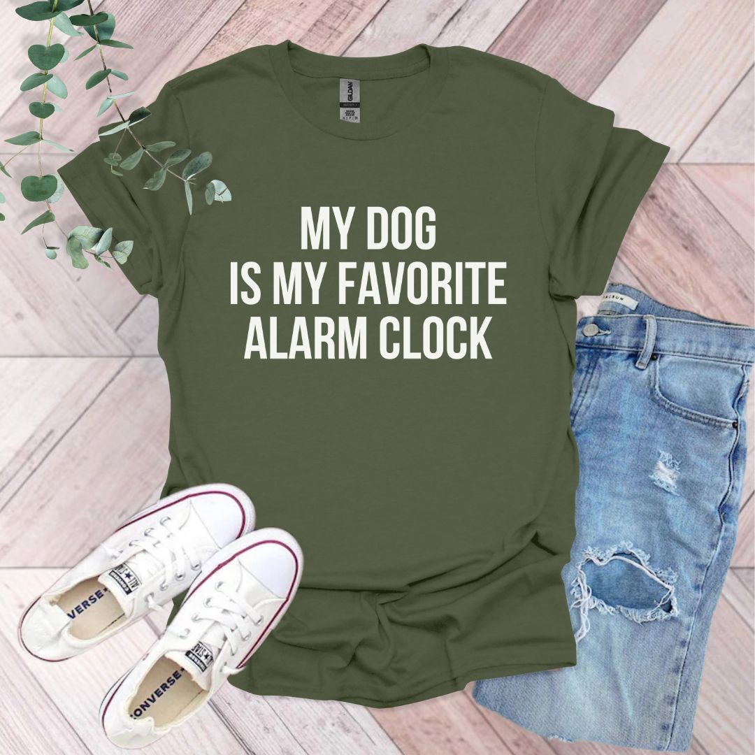 a t - shirt that says, my dog is my favorite alarm clock