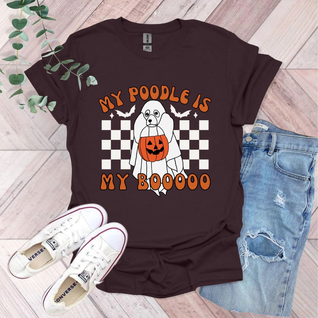 a t - shirt that says, my poodle is my booooo