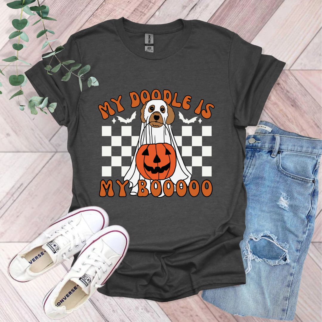 a t - shirt with a dog in a pumpkin costume