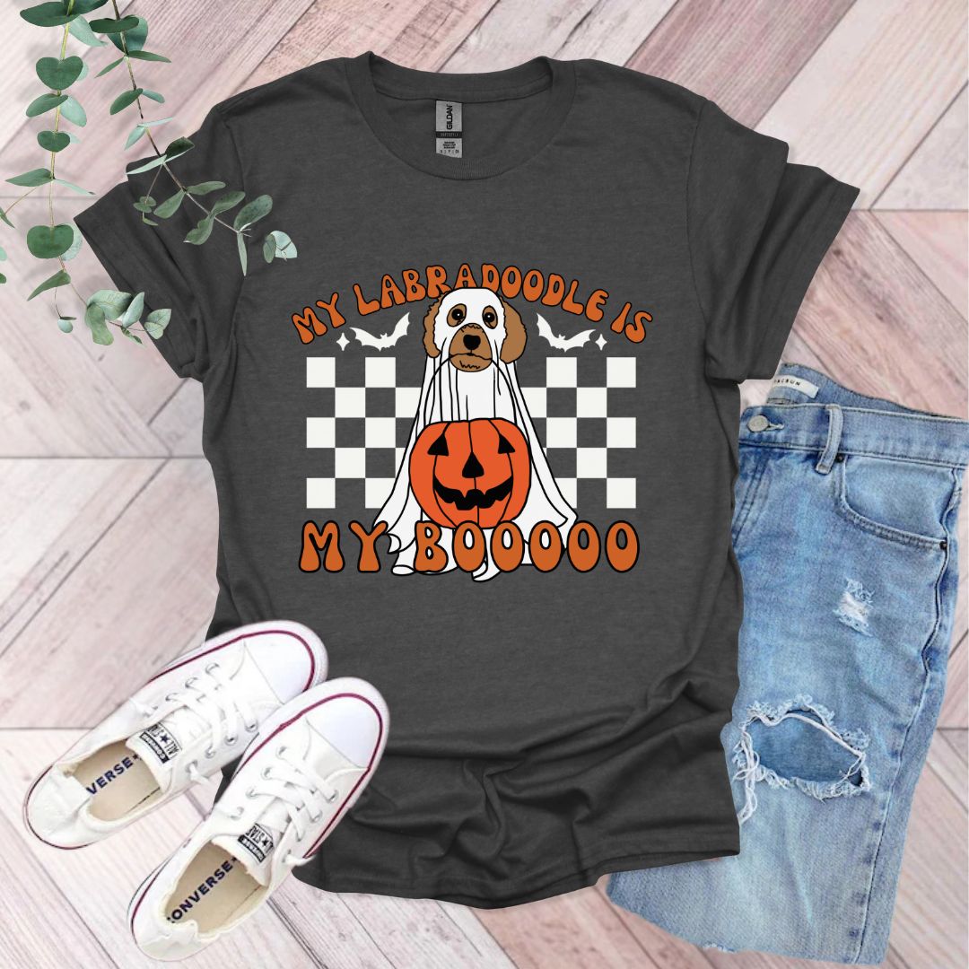 a t - shirt with a dog wearing a ghost costume