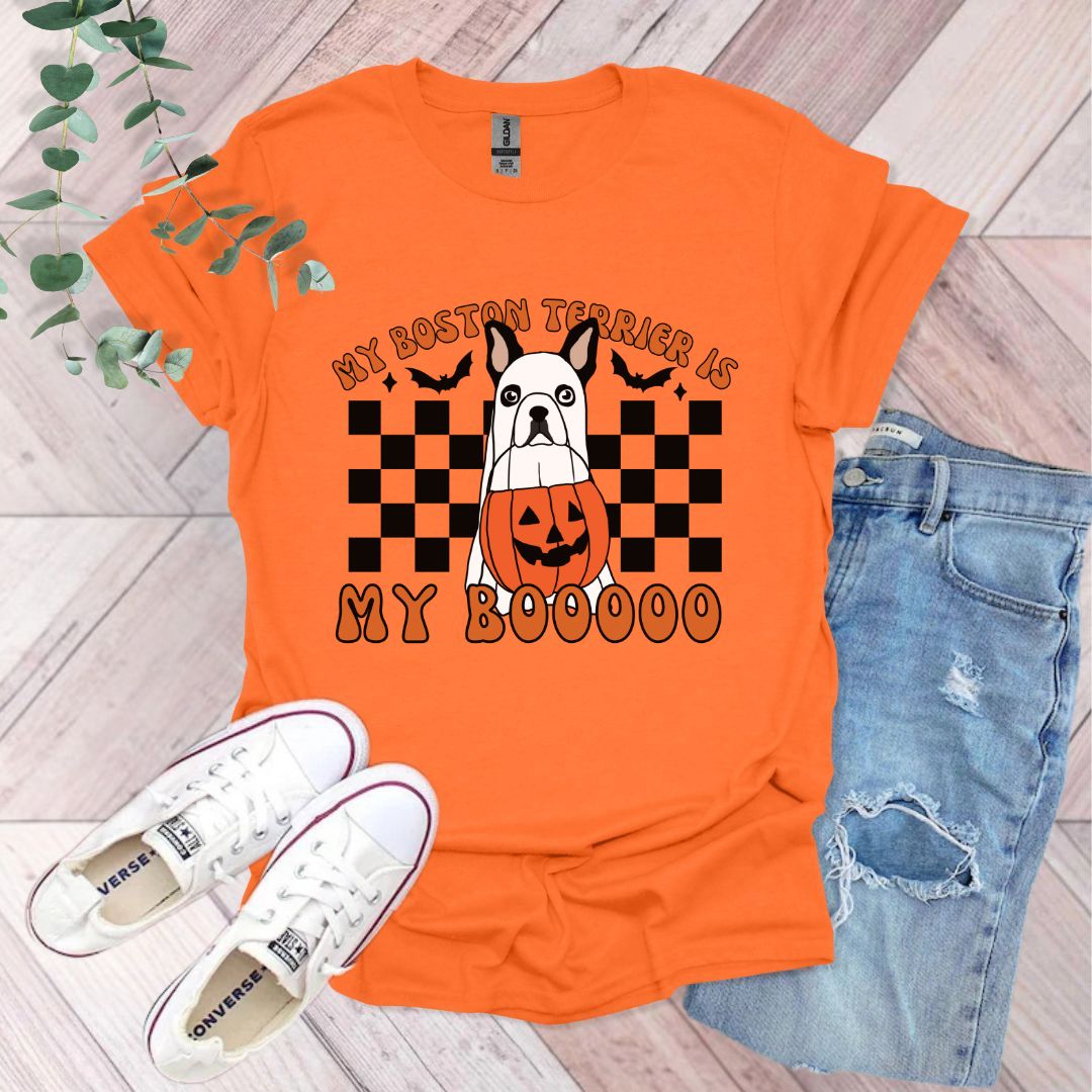an orange shirt with a picture of a dog on it