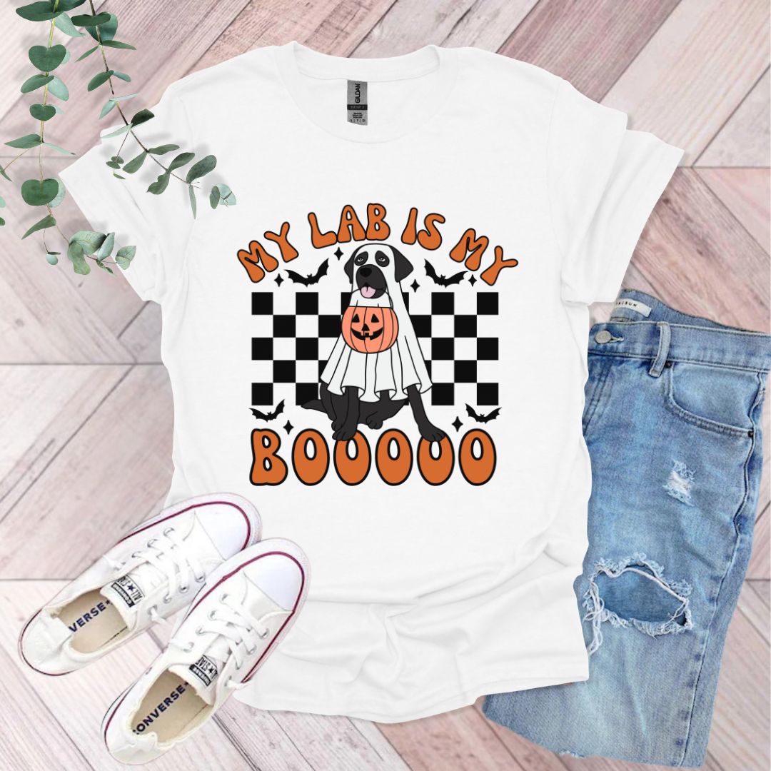 a t - shirt that says my lab is my booooo