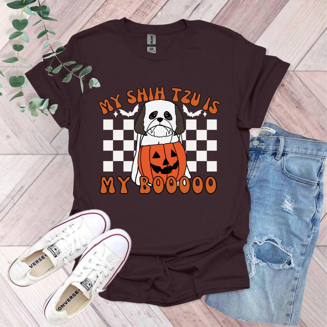 a t - shirt that says, my shih tzu is my boooo