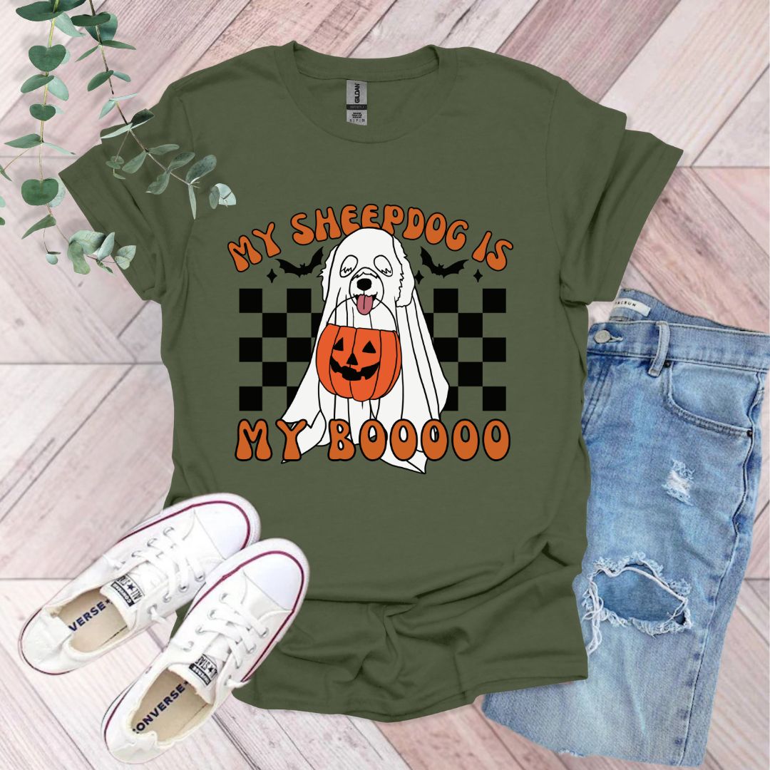 a shirt that says, my sheepdog is my booooo