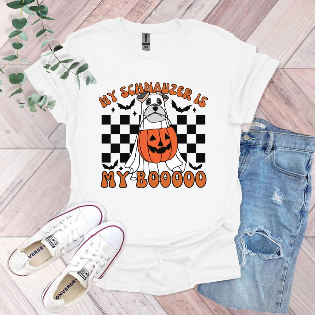 a white t - shirt with a dog wearing a jack - o'- lantern