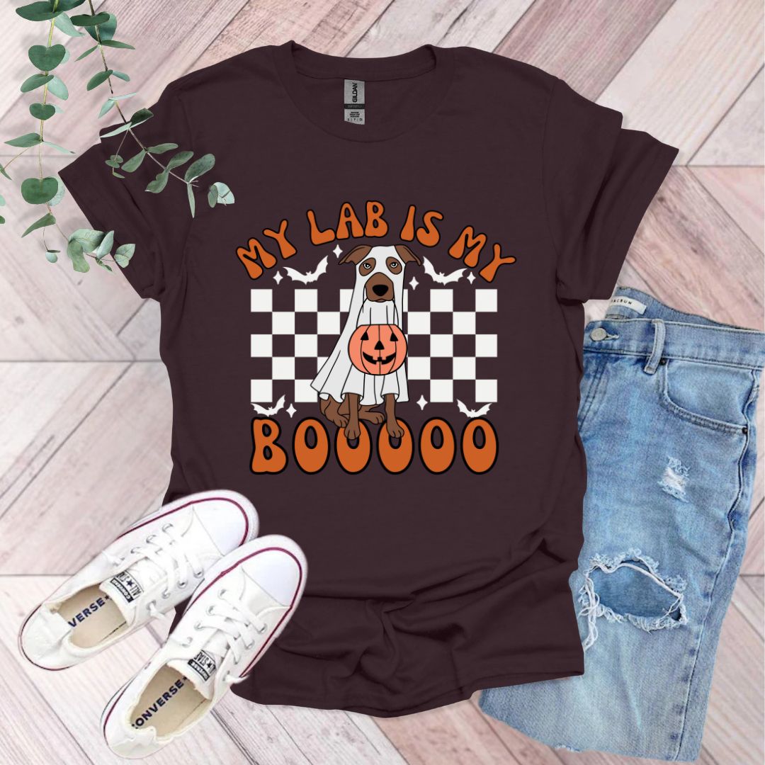 a t - shirt that says, my lab is my boooo