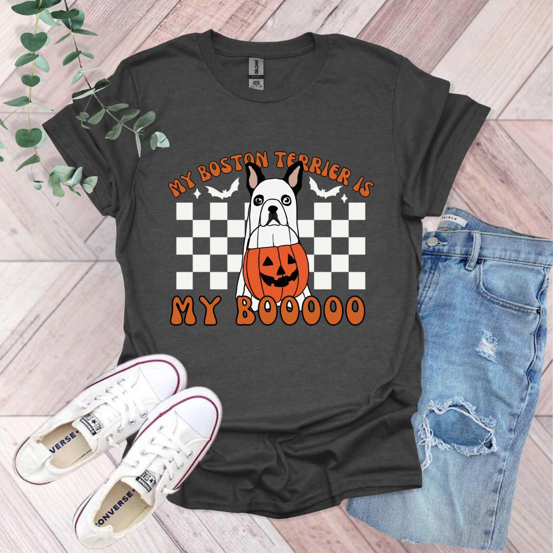a t - shirt that says, my boston terrier is my booooo