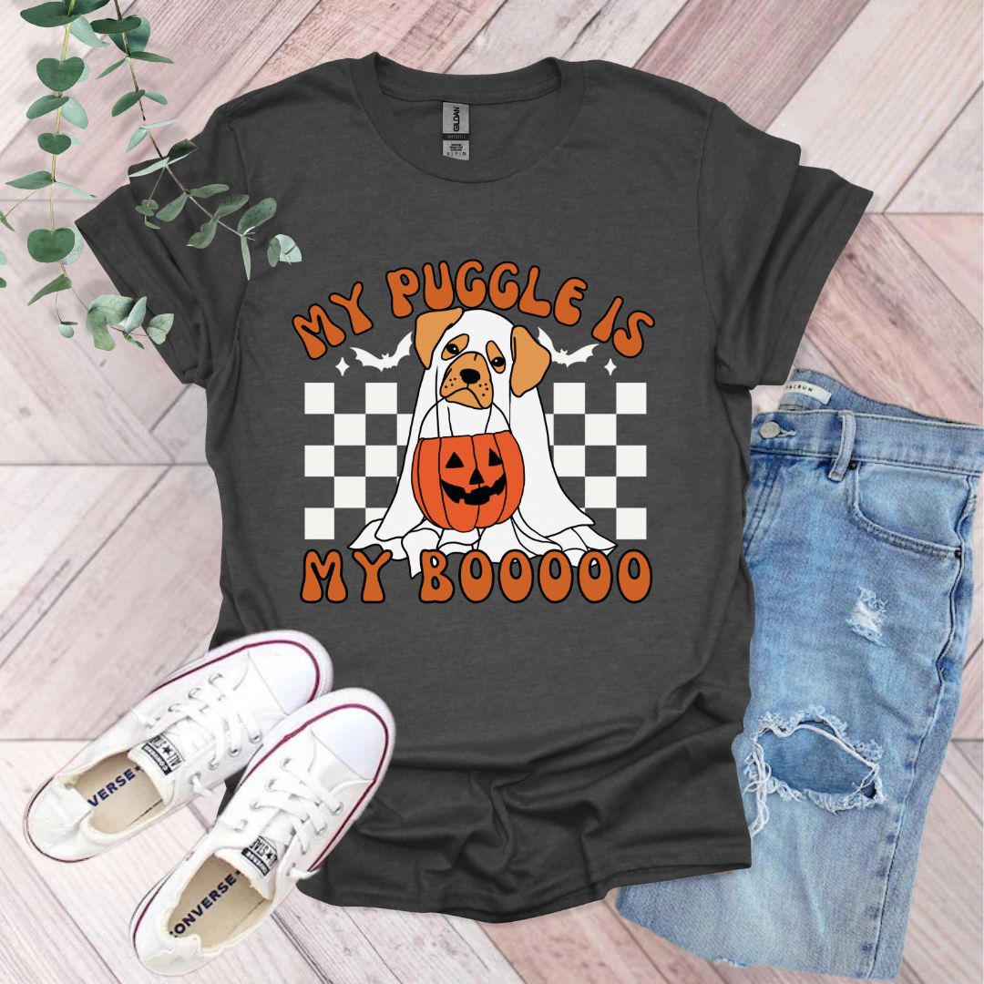 a black shirt with a dog wearing a pumpkin on it