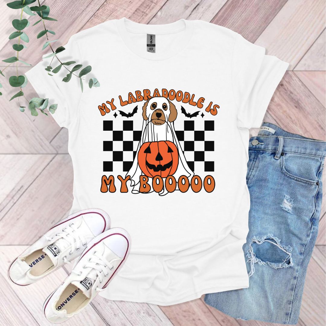a t - shirt with a dog in a pumpkin costume