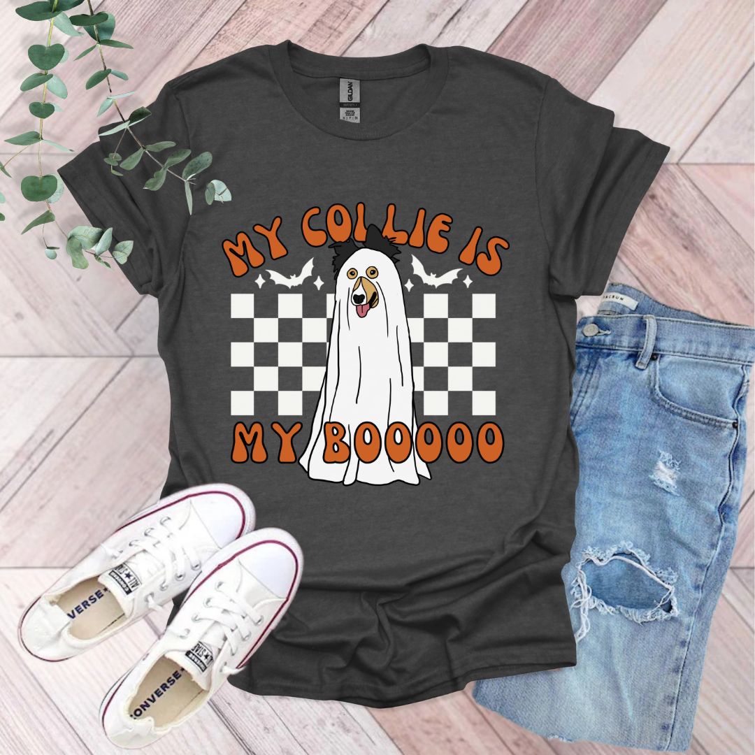 a t - shirt with a ghost on it that says, my college is my