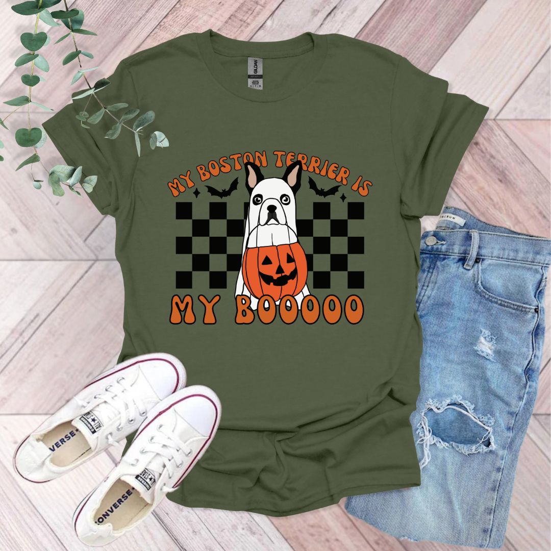 a t - shirt that says boston terrier is my booooo