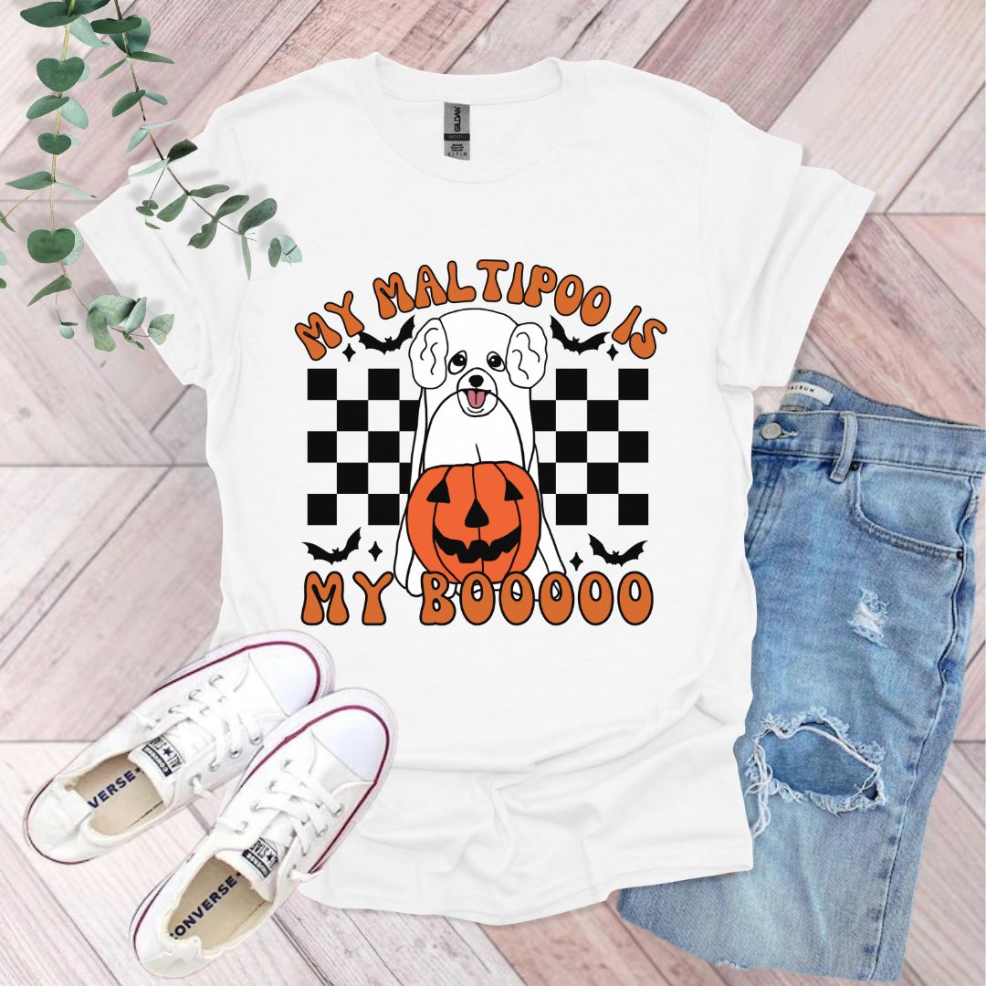 a t - shirt with a dog wearing a jack - o'- lantern pumpkin
