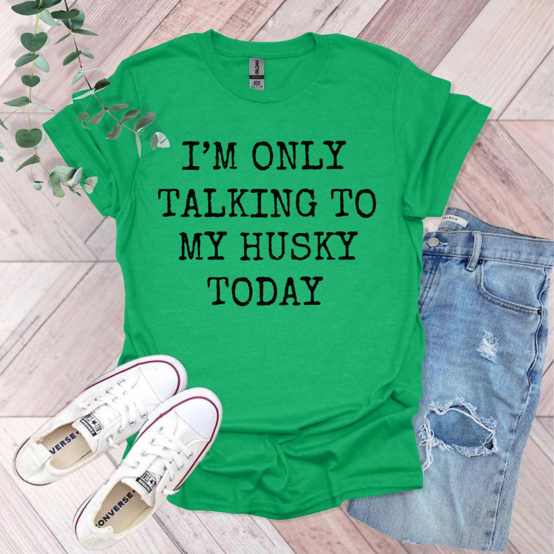 a green shirt that says i'm only talking to my husky today