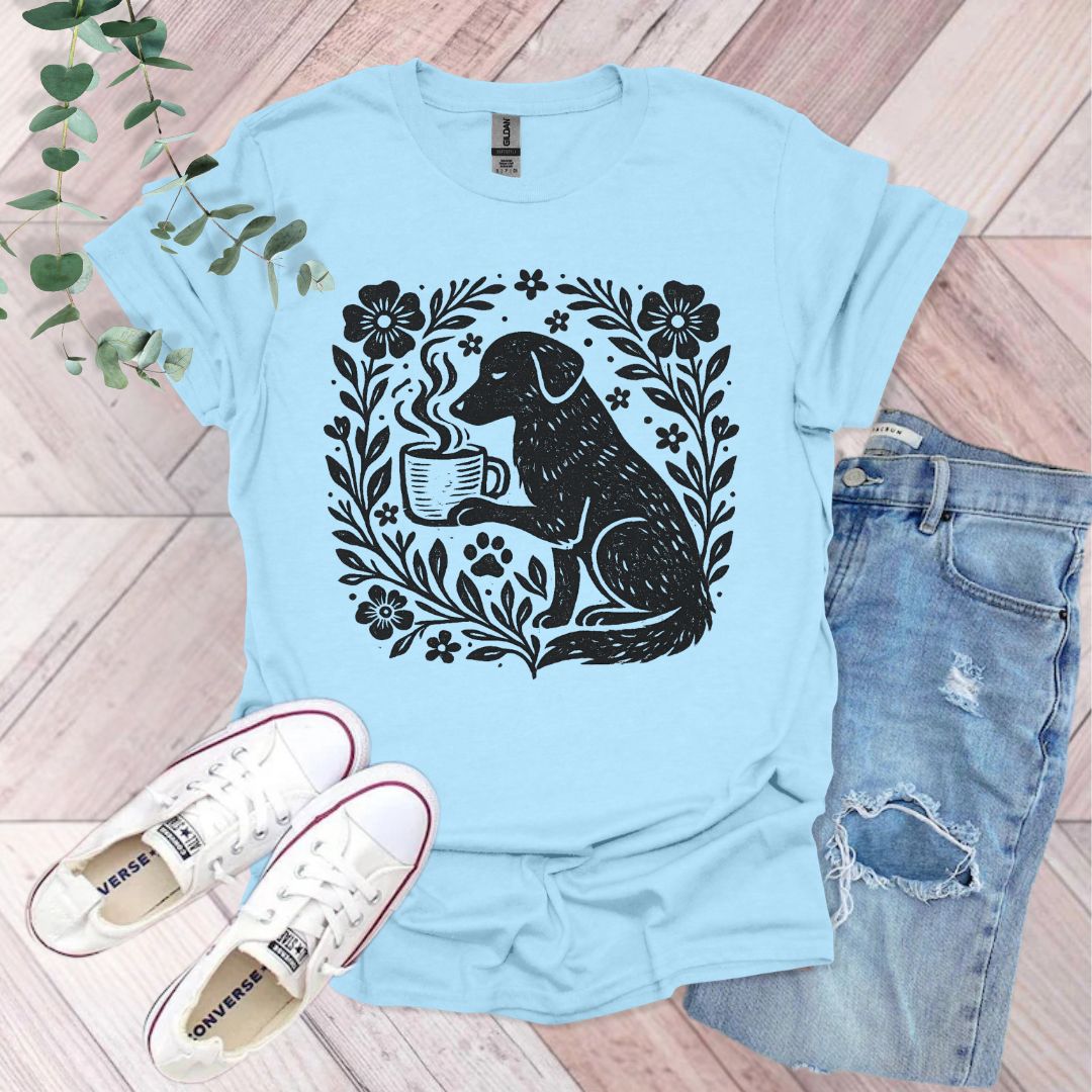 Vintage Floral Dog and Coffee T-Shirt