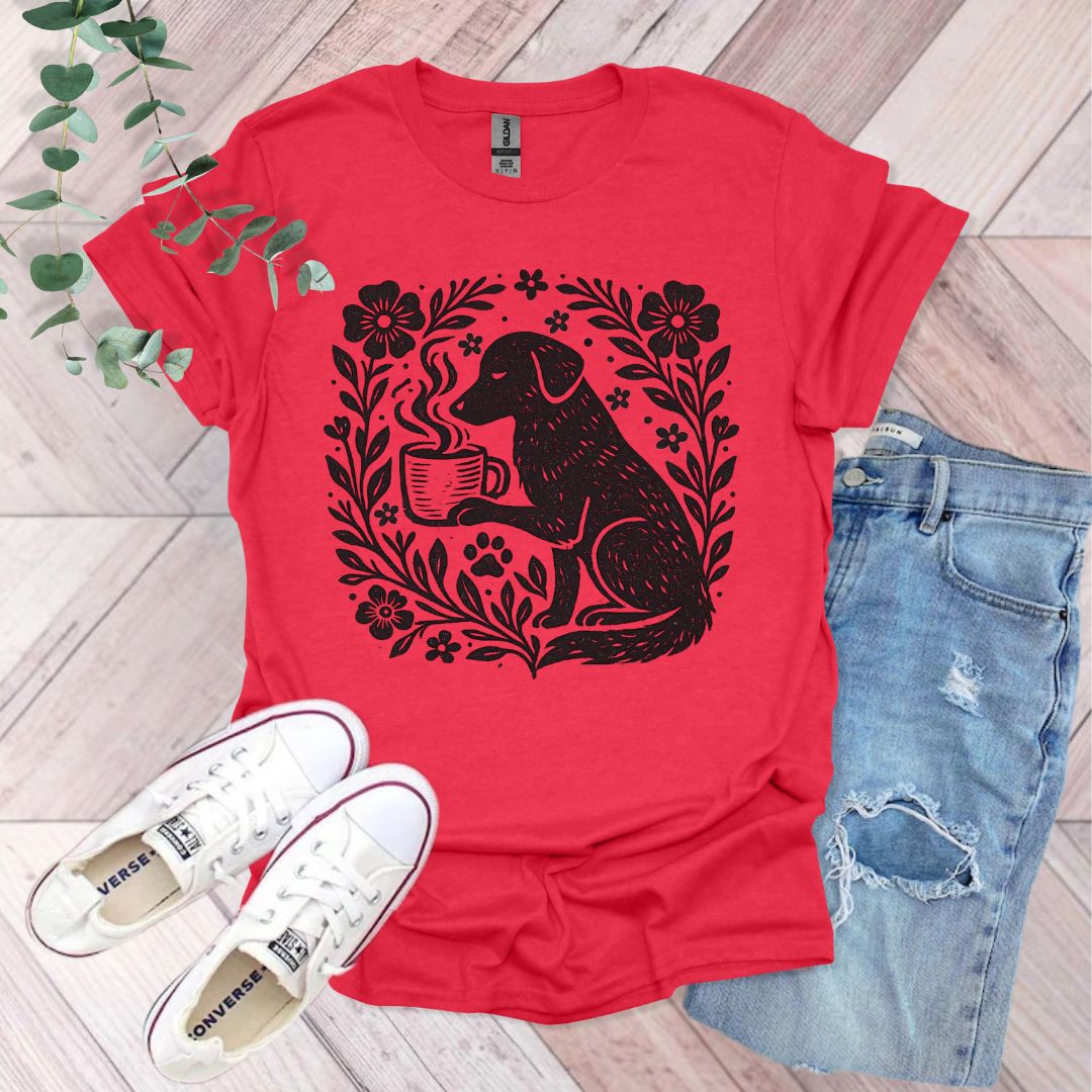 Vintage Floral Dog and Coffee T-Shirt