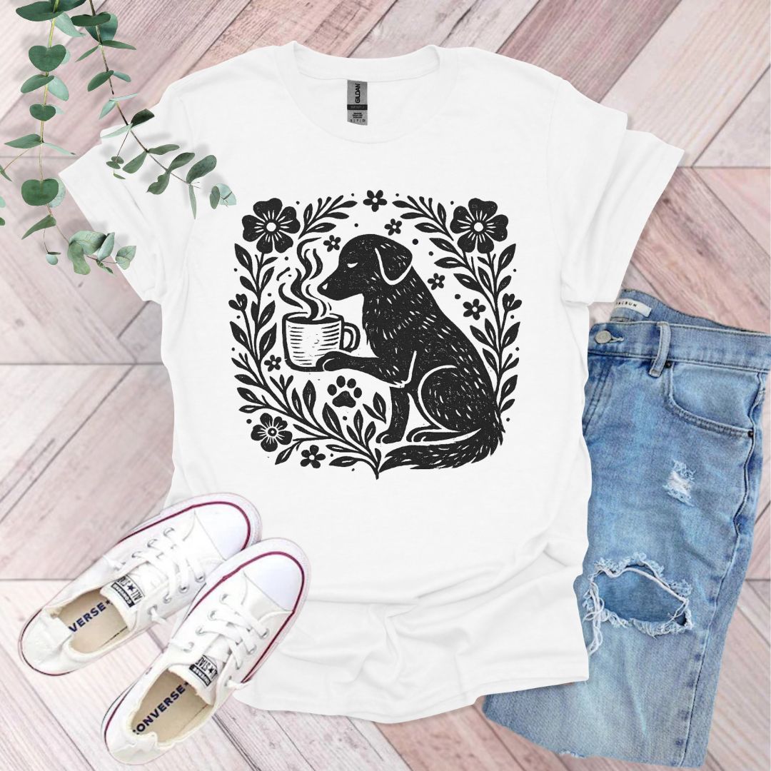 Vintage Floral Dog and Coffee T-Shirt
