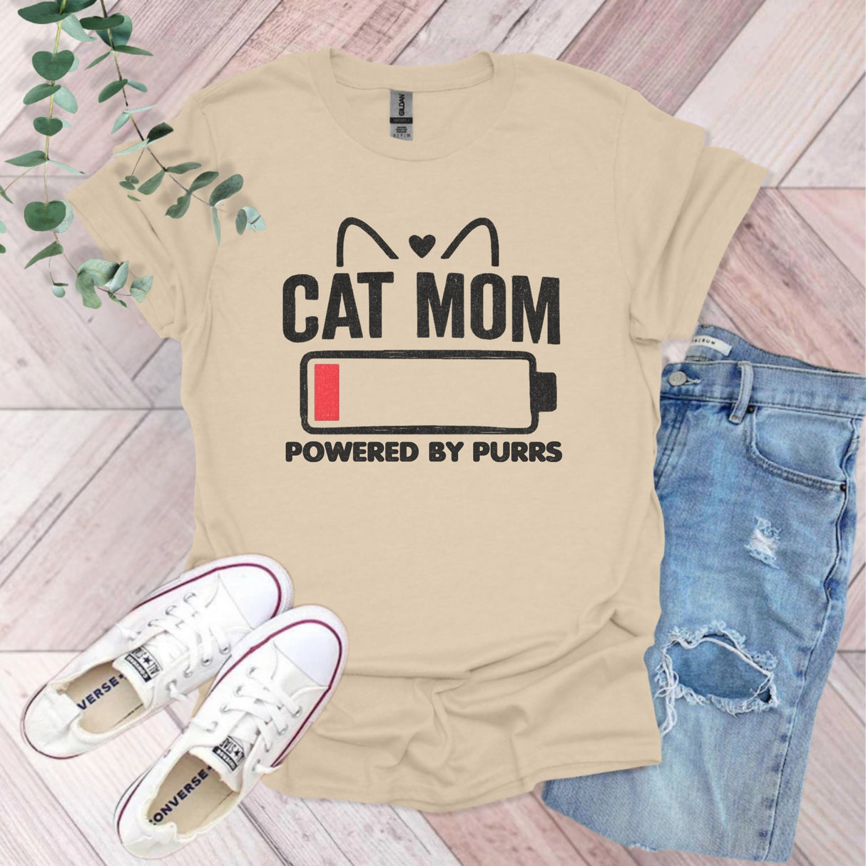 Cat Mom Powered By Purrs T-Shirt